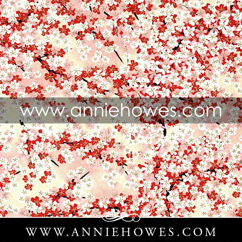 Chiyogami Paper - Red, Pink, and White Dainty Blossoms with Gold Accents 4" x 6" sheet. (008)