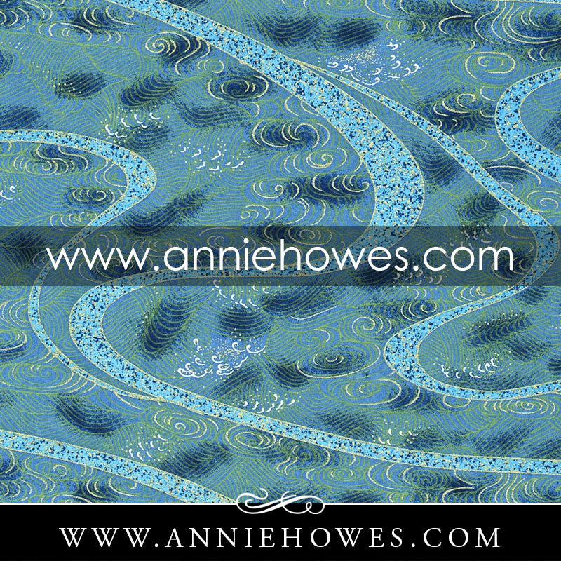 Chiyogami Paper - Water Swirls on Blue with Gold Accents 4" x 6" sheet. (013)
