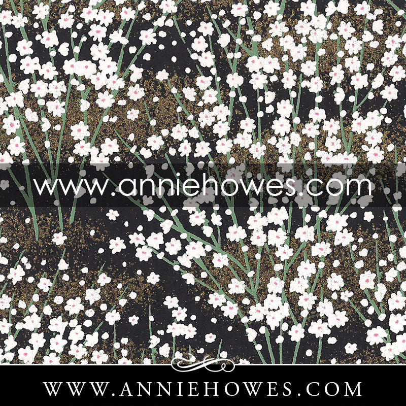 Chiyogami Paper - Dainty White Flowers on Black 4" x 6" sheet. (018)