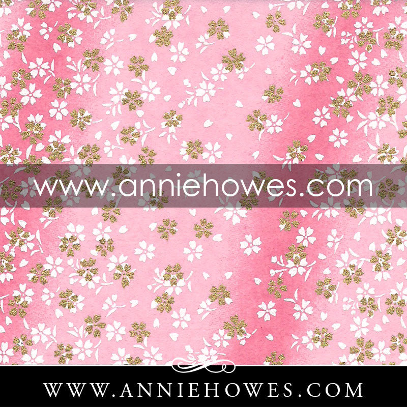 Chiyogami Paper - Dainty Blossoms in White and Gold on Pink 4" x 6" sheet. (076)