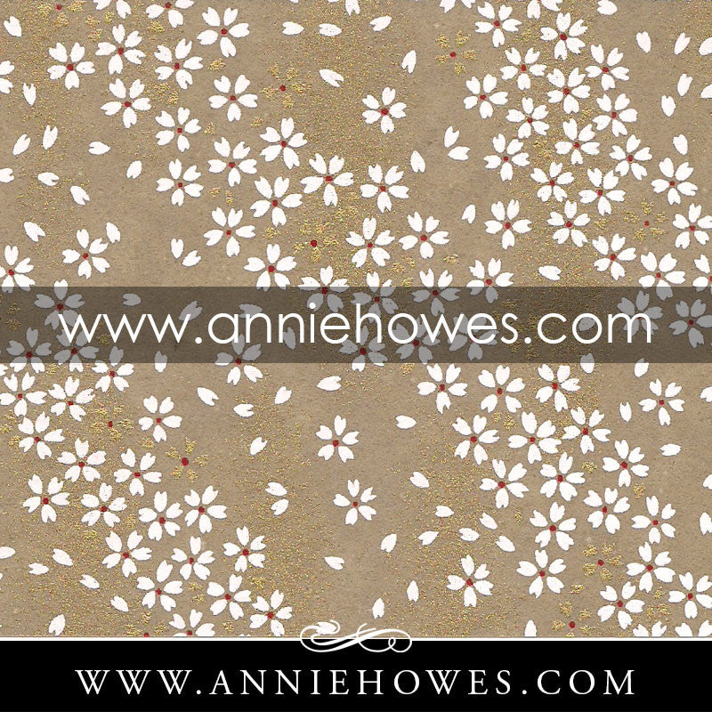 Chiyogami Paper - Dainty White Flowers on Taupe 4" x 6" sheet. (084)