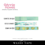 Washi Tape in Aqua and White Bicycle, Gold Foil and Aqua Crown and Pattern