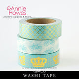 Washi Tape in Aqua and White Bicycle, Gold Foil and Aqua Crown and Pattern