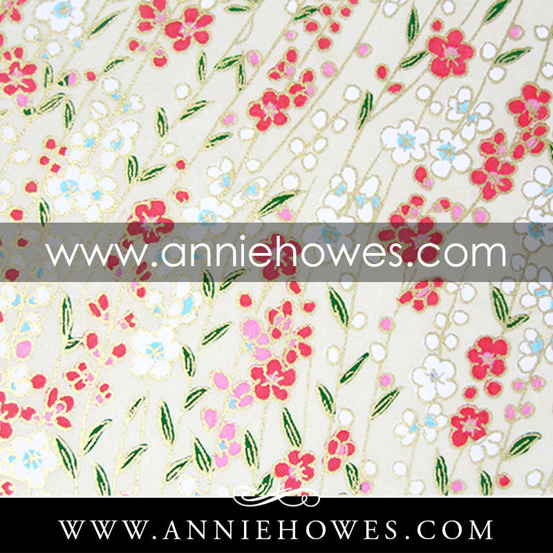 Chiyogami Paper - Red Dainty Blossoms on Cream with Gold Accents 4" x 6" sheet. (007)