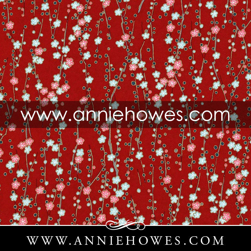 Chiyogami Paper - Plum Blossoms on Dark Red 4" x 6" sheet. (019)
