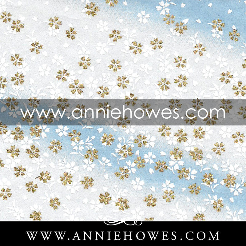 Chiyogami Paper - Dainty White and Gold Flowers on Blue 4" x 6" sheet. (025)