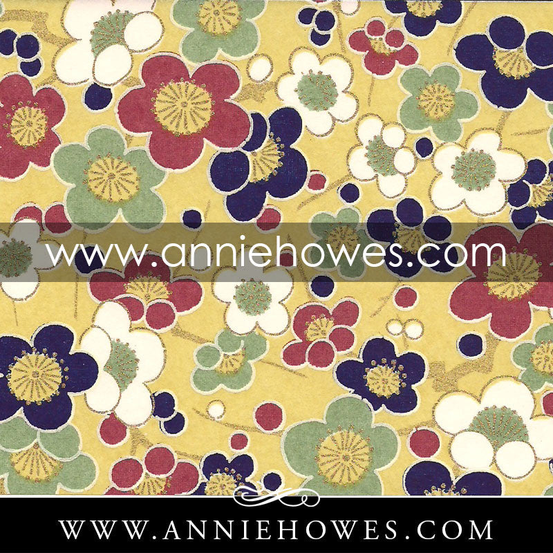 Chiyogami Paper - Retro Plum Blossoms on Vintage Khaki 4" x 6" sheet. (042)