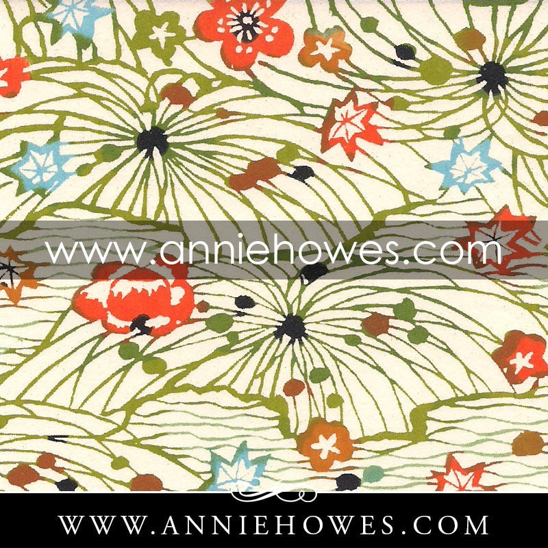 Katazome-shi Paper - Fields with Blossoms in Green and Orange 4" x 6" sheet. (052)