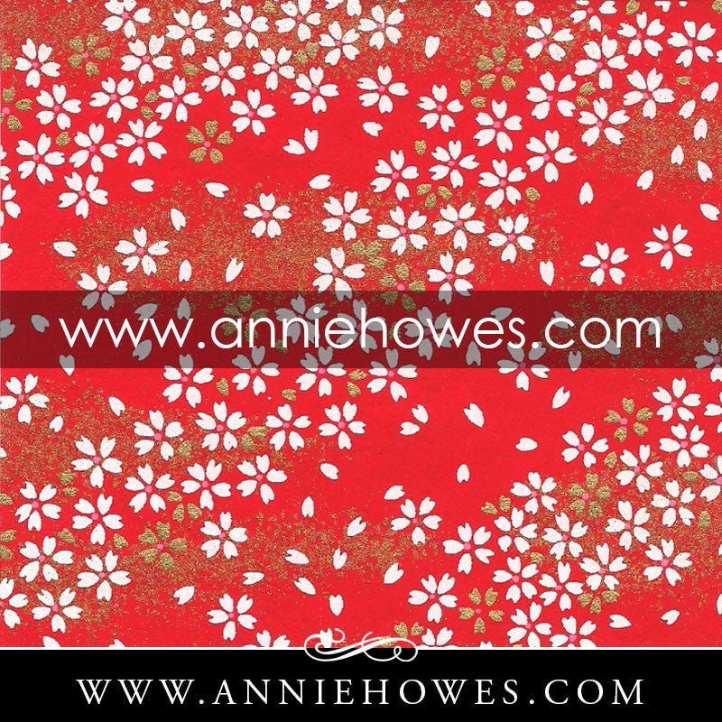 Chiyogami Paper - Dainty White Flowers on Red. 4" x 6" sheet. (060)