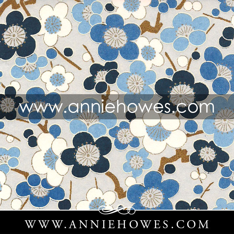 Chiyogami Paper - Retro Plum Blossoms in Blue 4" x 6" sheet. (065)