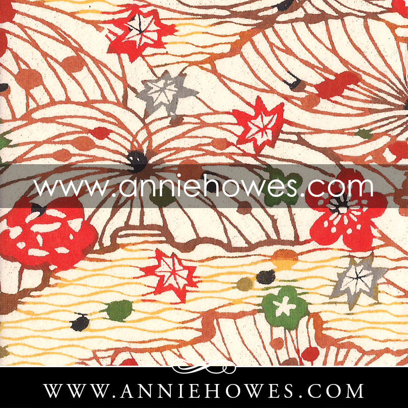Katazome-shi Paper - Fields with Blossoms in Red and Orange 4" x 6" sheet. (067)