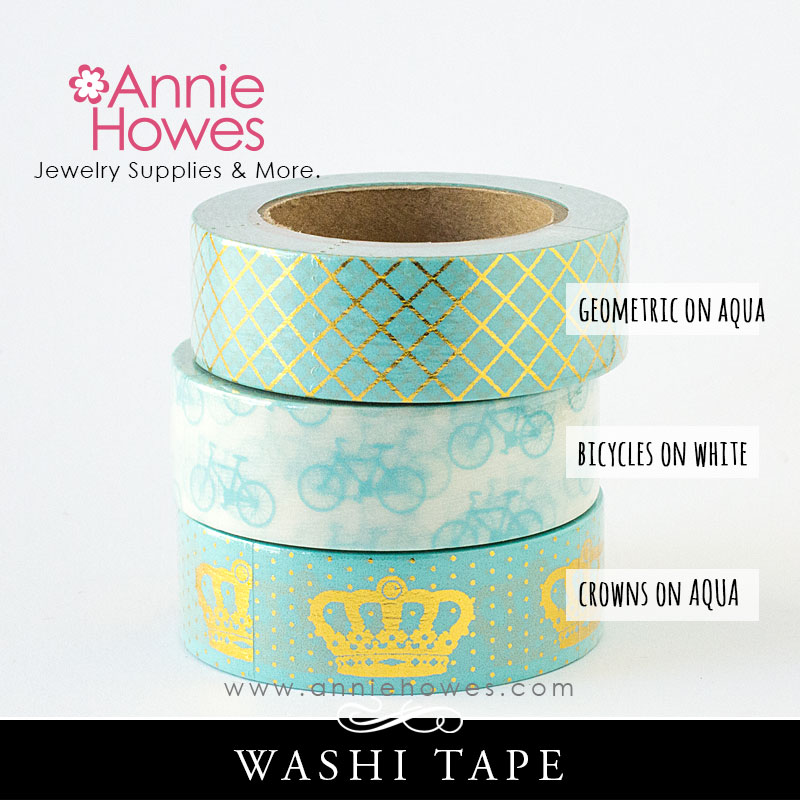 Washi Tape in Aqua and White Bicycle, Gold Foil and Aqua Crown and Pattern