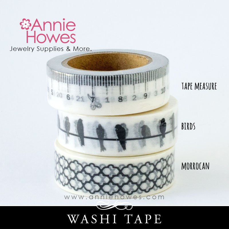 Washi Tape in Black and White Birds, Measuring Tape, Moroccan Pattern
