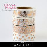 Washi Tape with Copper Foil Print - Mushrooms Toadstools, Kitty Cats, Hearts, or Blossoms