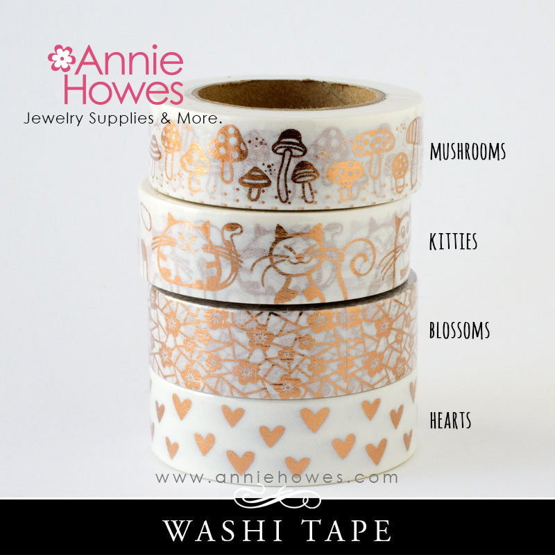 Washi Tape with Copper Foil Print - Mushrooms Toadstools, Kitty Cats, Hearts, or Blossoms