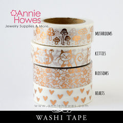 Washi Tape with Copper Foil Print - Mushrooms Toadstools, Kitty Cats, Hearts, or Blossoms